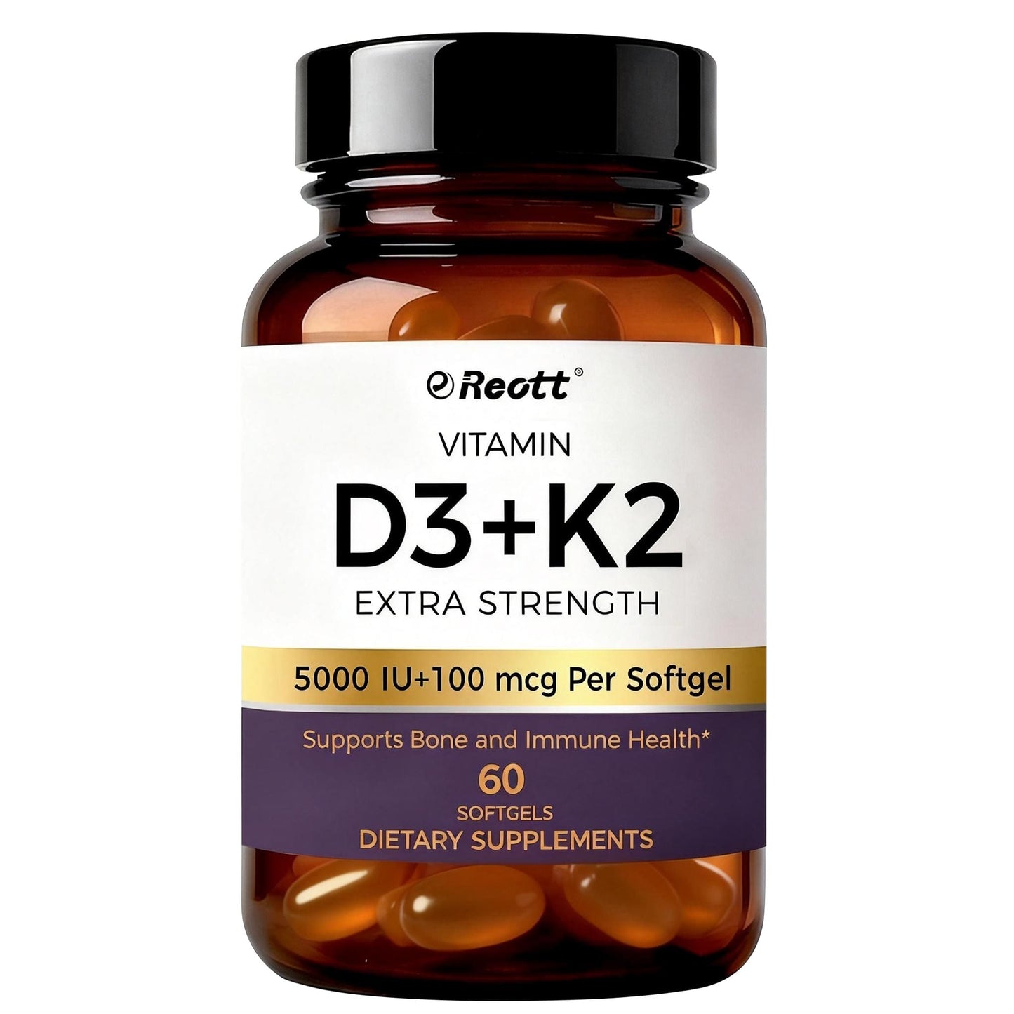 Vitamin D3 + K2 Extra Strength 5000 IU + 100 mcg – Bone & Immune Support – 60 Softgels